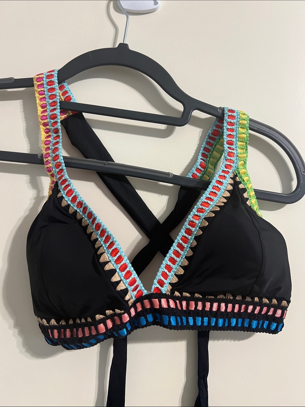 Black Crochet-Trim Bikini Top with Multicolor Accents